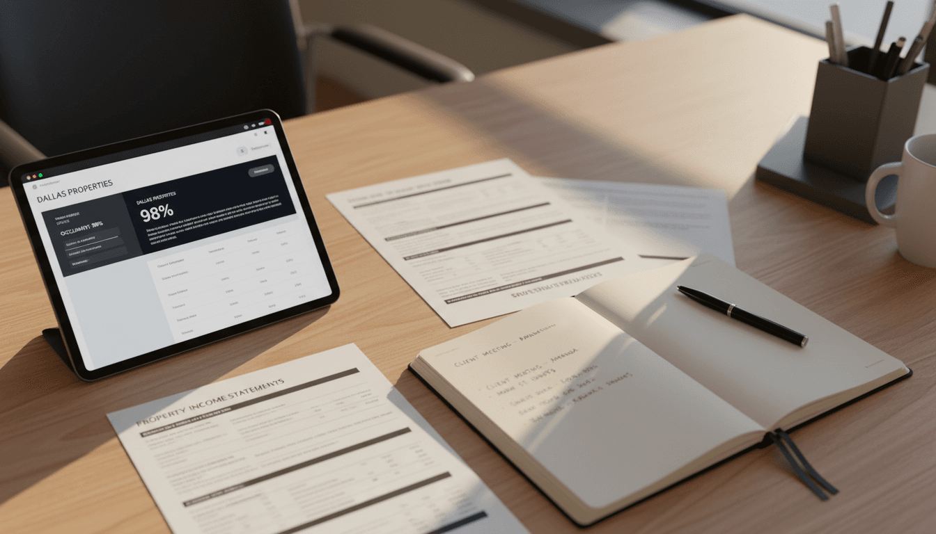 Property manager's desk with tenant management software, financial reports, and consultation notes in morning light