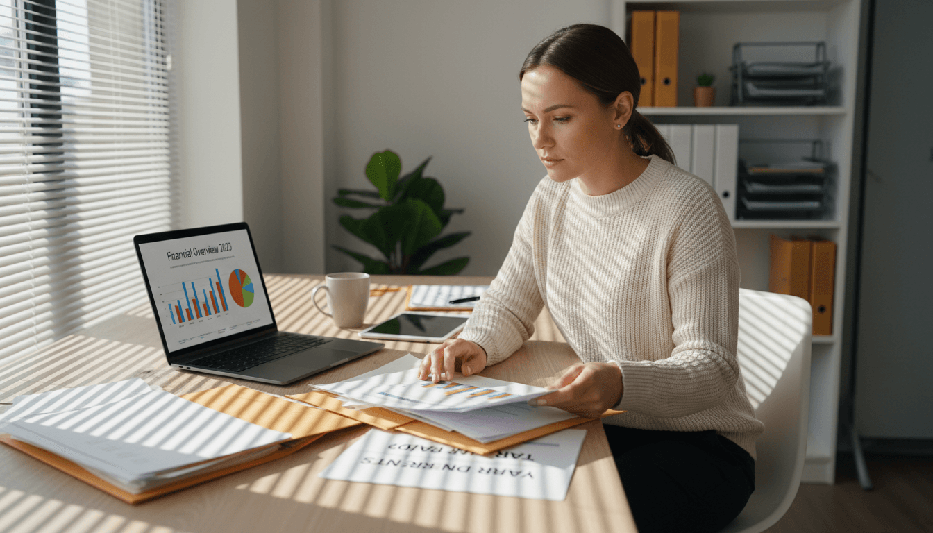 Property manager reviewing financial documents and owner statements at desk