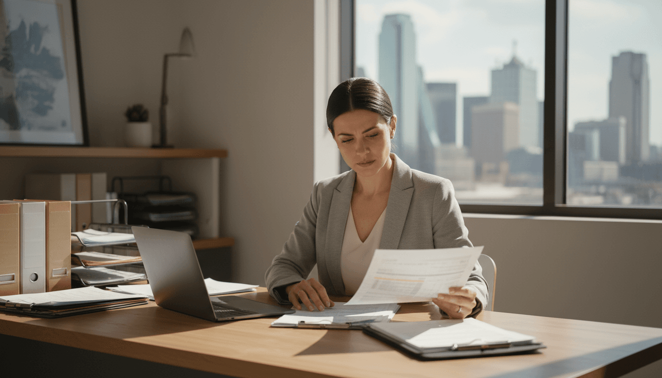 Property manager reviewing lease documents and financial records at desk