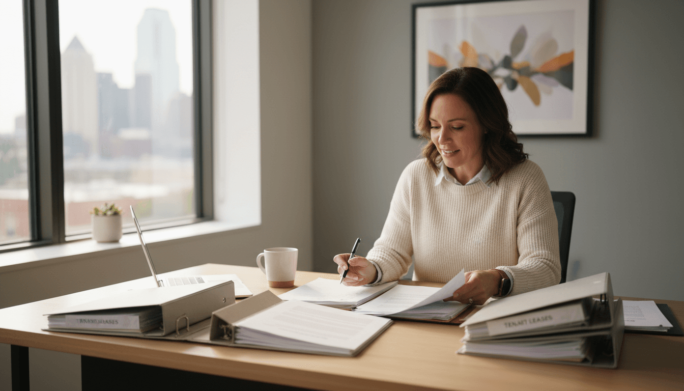 Property manager reviewing tenant documents at desk