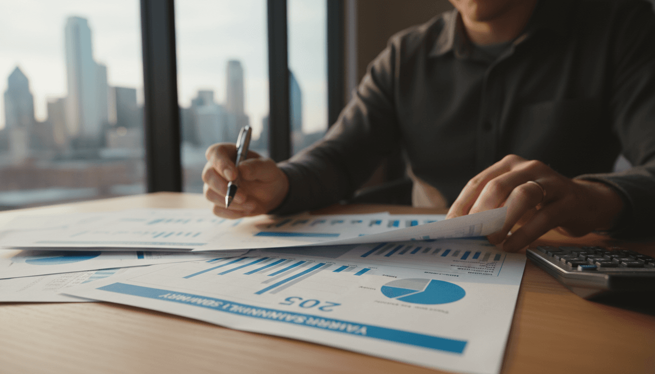 Property owner reviewing organized financial documents and year-end report