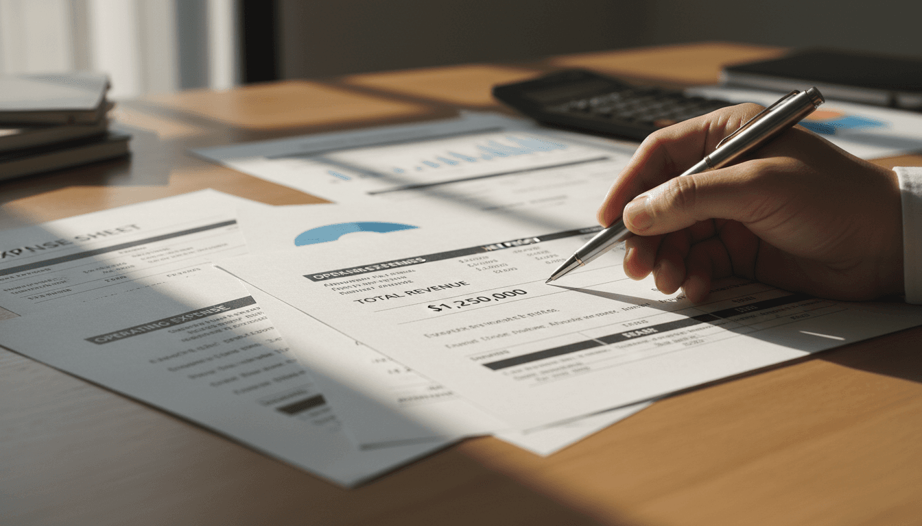 Financial statements and property reports on desk