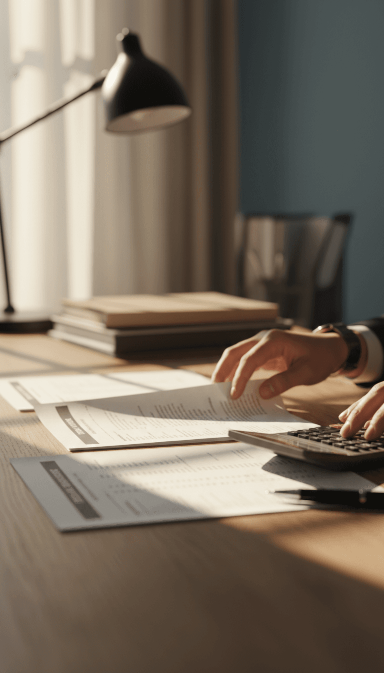 Property manager reviewing rental documents and expense reports