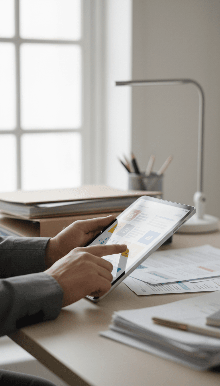 Property manager reviewing tenant information on tablet