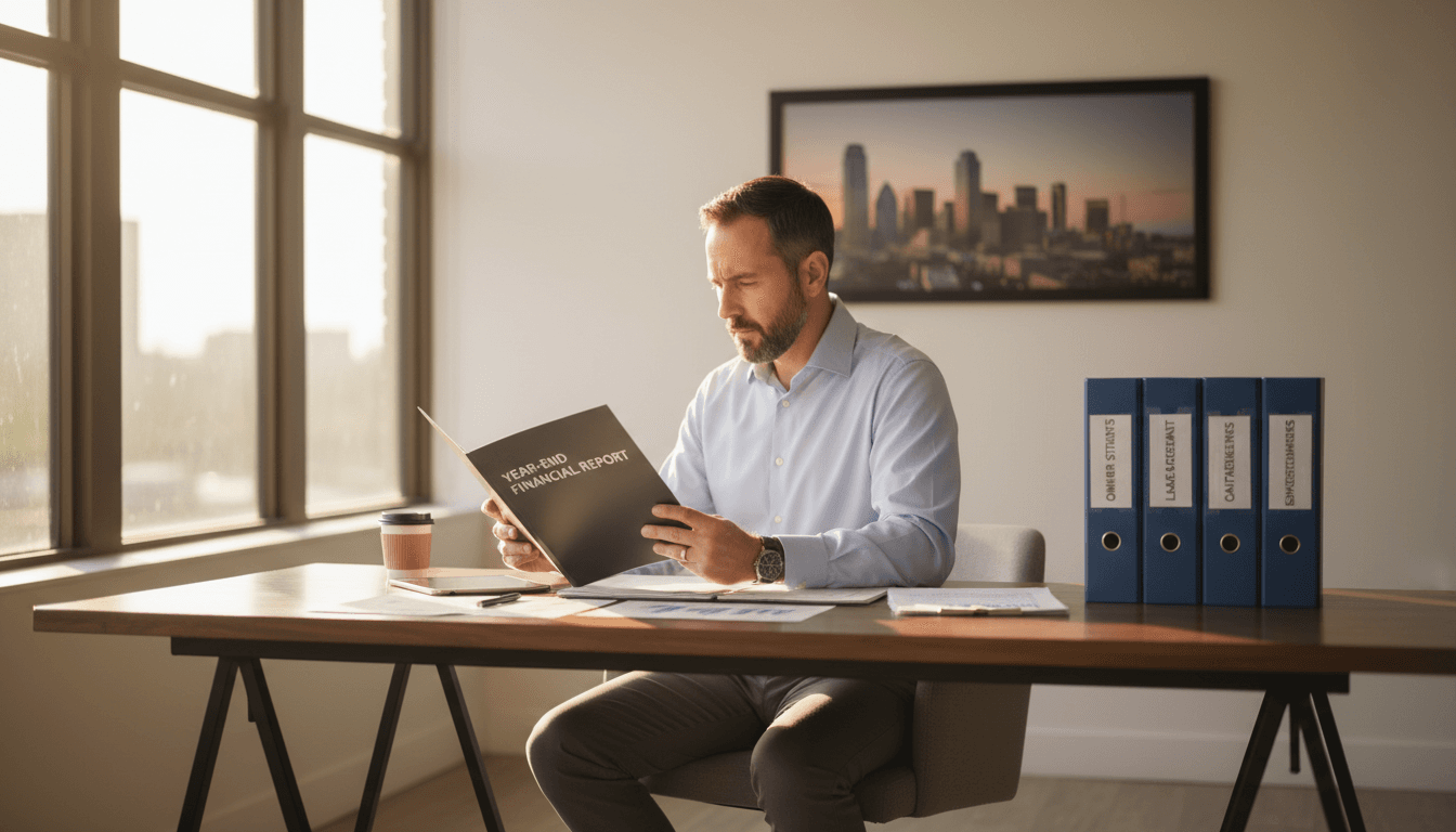 Property owner reviewing financial documents and owner statements at desk