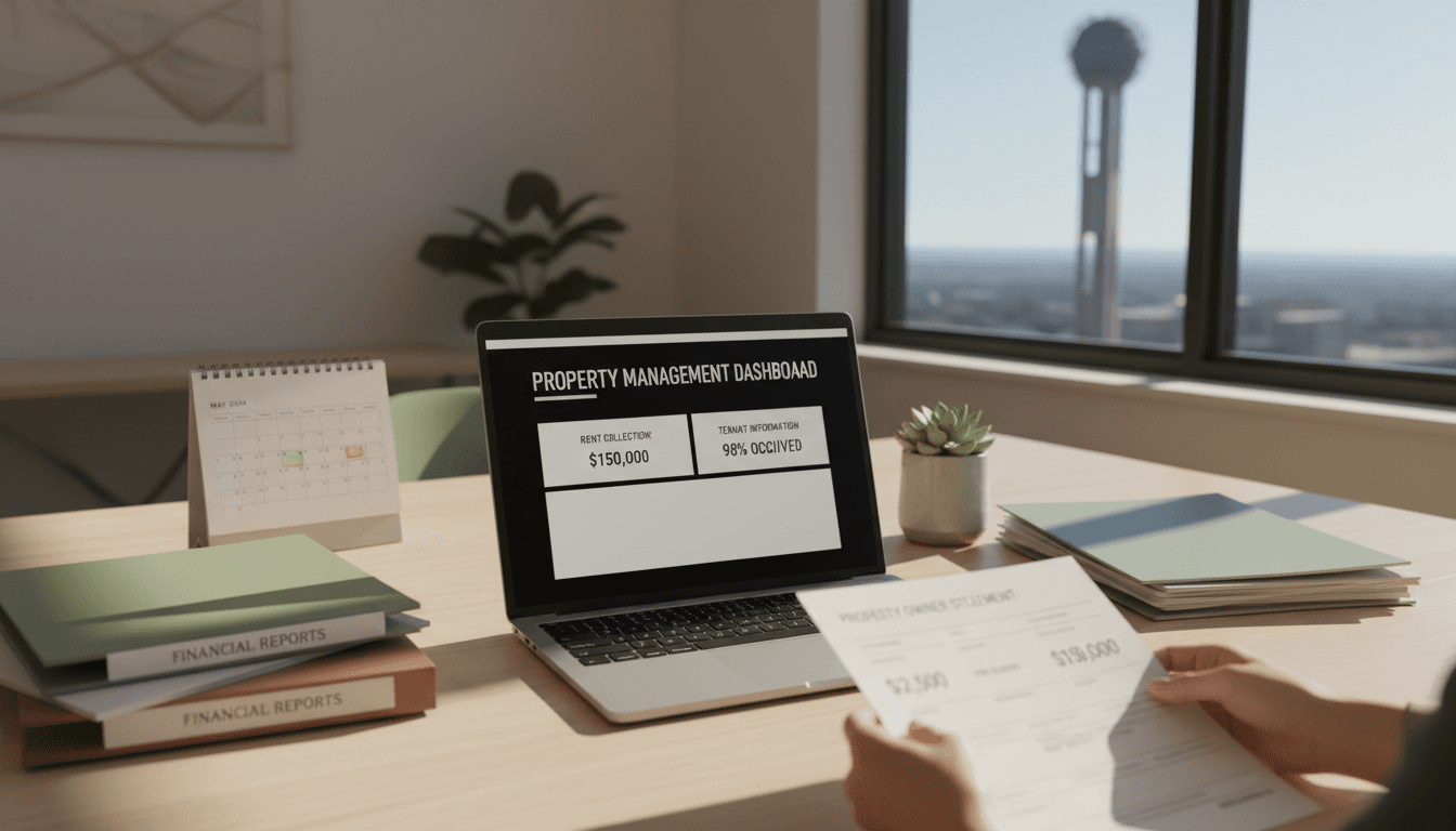 Property manager reviewing financial statements and rent collection data at a desk in Dallas office