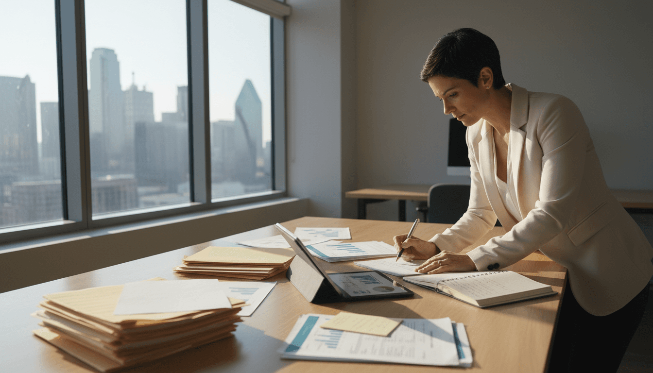 Property manager reviewing tenant documents and financial reports at a desk in a Dallas office