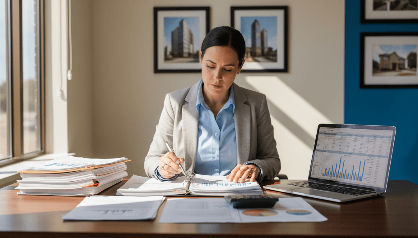 Property manager reviewing financial reports and rental documents