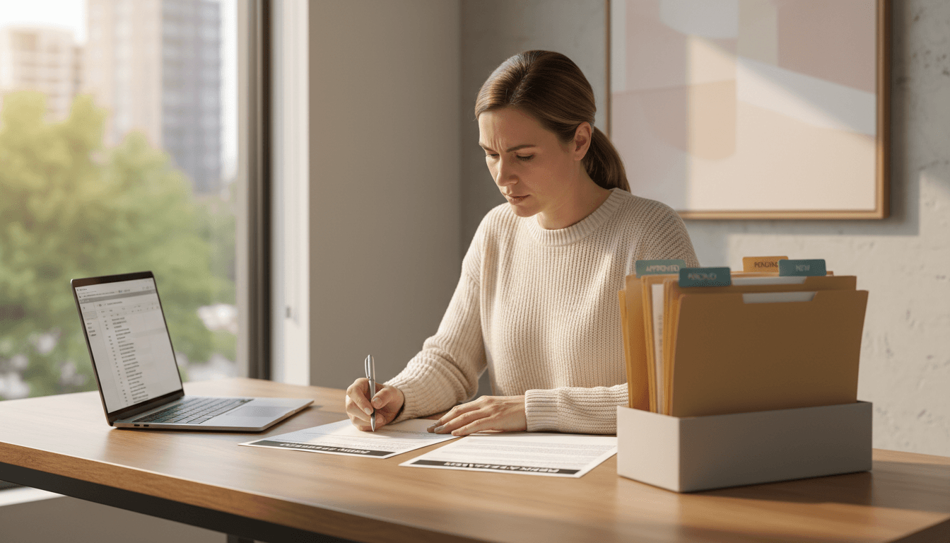 Property manager reviewing tenant applications at desk