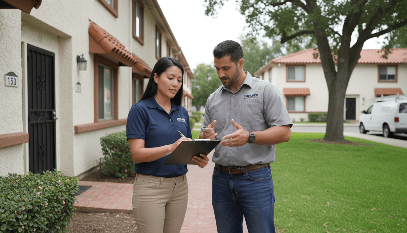 Property manager coordinating maintenance with vendor